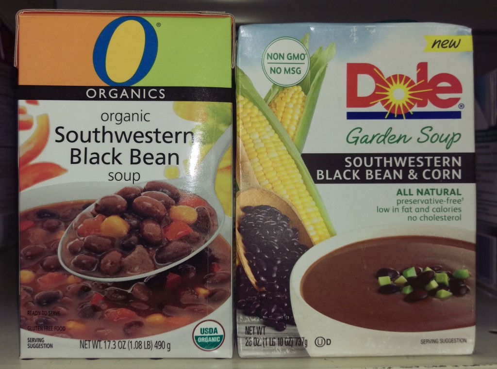 soups - comparative packaging of Dole and O-Organics